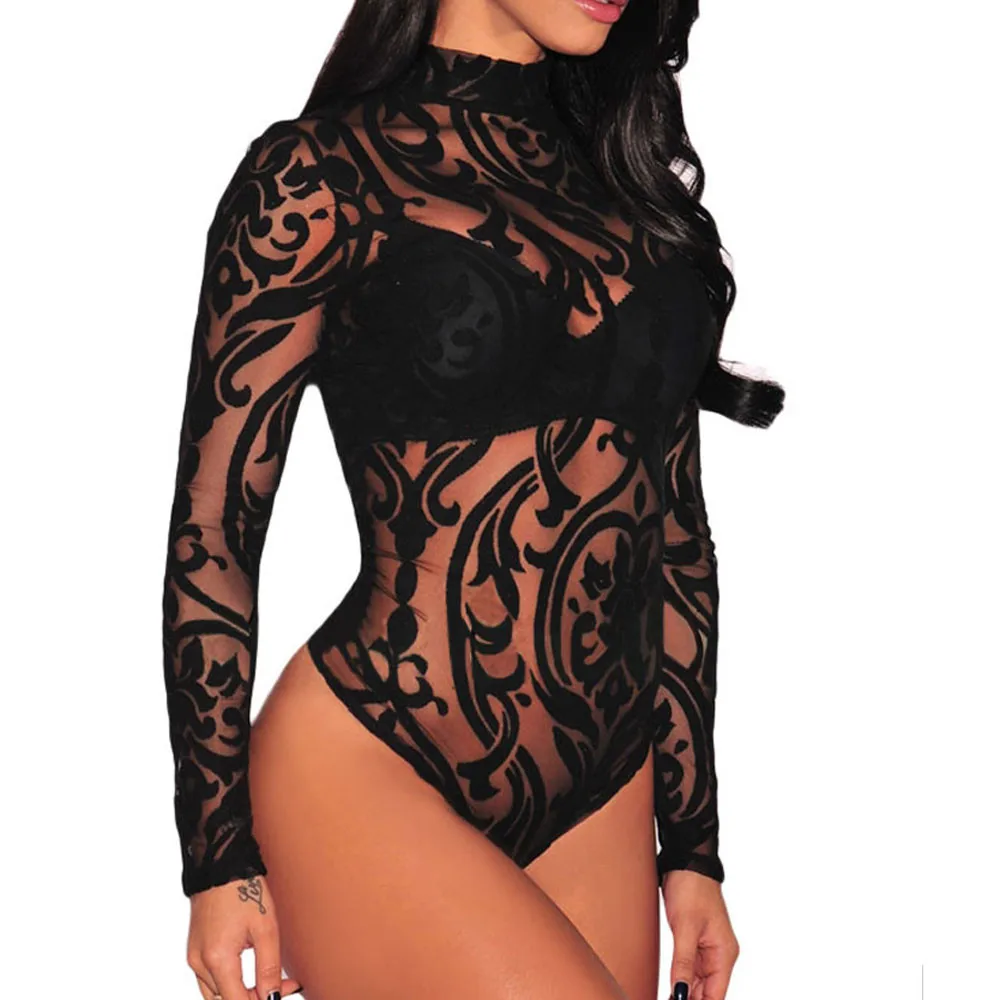 

Sexy Bodysuit Women High Collar Long Sleeve Sexy Lace Body Femme Skinny Jumpsuit Playsuit Romper Women Top