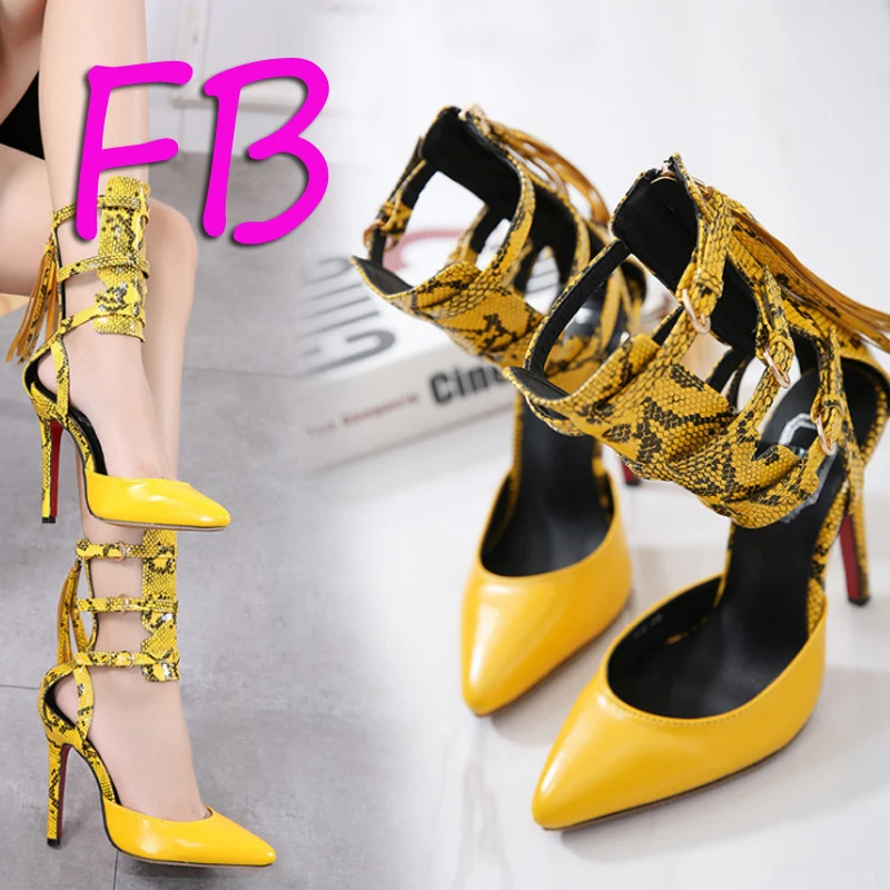 

Big Size 41 Serpentine Pointed Fine With Red sole Women's High Heels Explosive Models To The Lower Leg Snakeskin Pumps 2019