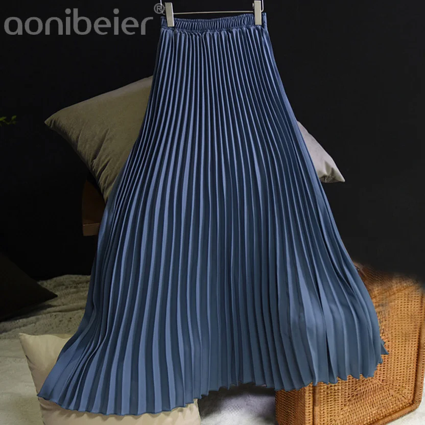 

Aonibeier Solid Color Women Maxi Skirts Spring Fashion Elastic High Waist Pleated Skirt Black Length Skirt Female Casual Skirts