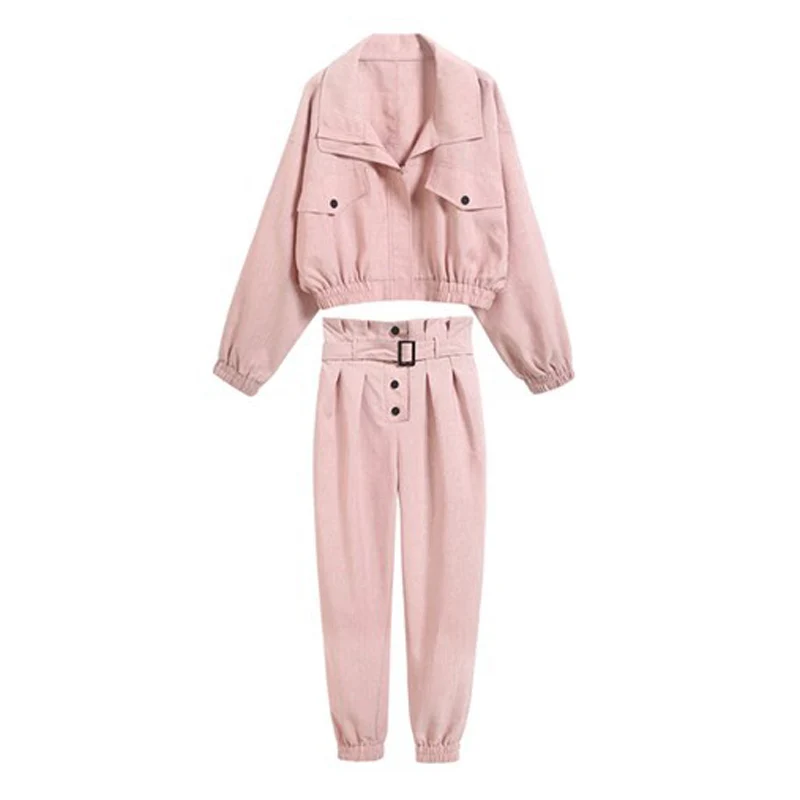 PERHAPS-U-women-long-sleeve-two-pieces-set-jacket-full-length-pants-solid-pink-sash-casual