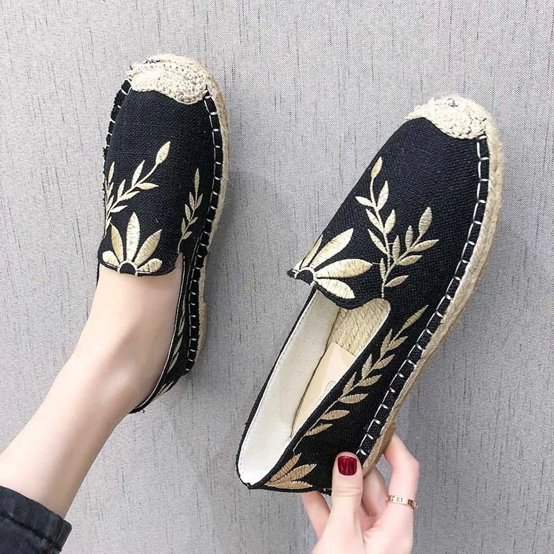 

Weweya Embroidery Espadrilles Flats Shoes Woman Straw Loafers Women Printed Flower Moccasins Slip On Ballets Woman Walking Shoe