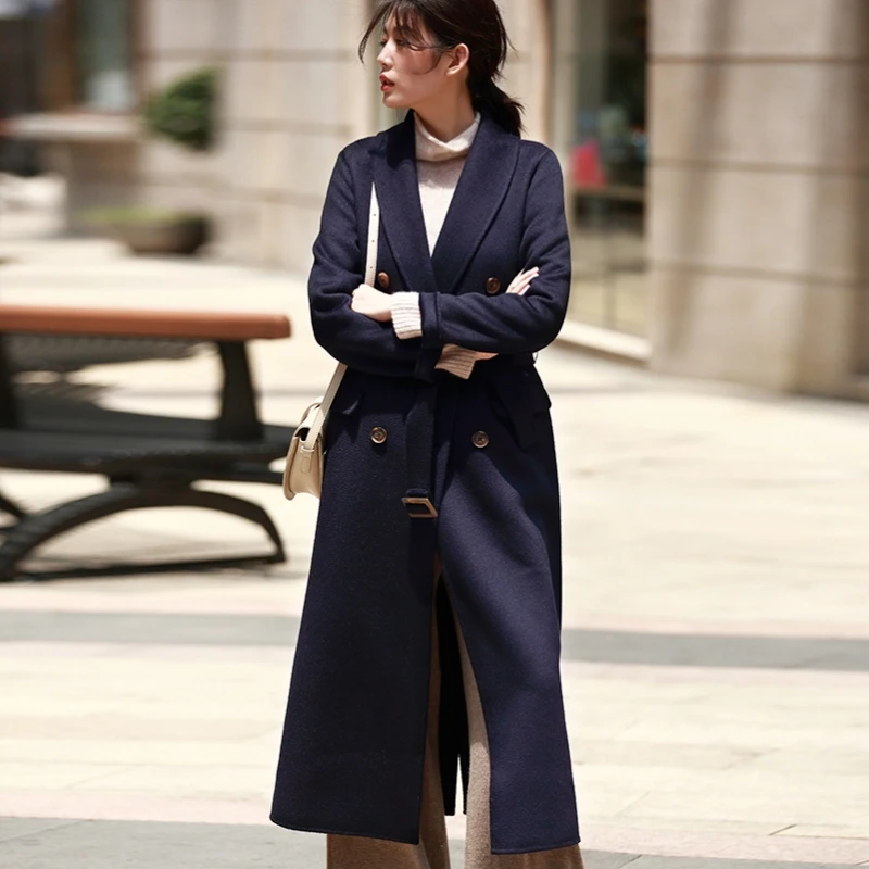 IRINAW920 Новое поступление осень зима пальто шаль воротник х длинное двустороннее кашемировое шерстяное пальто для женщин