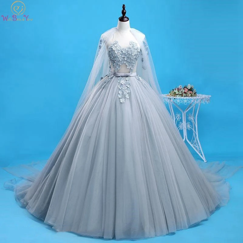 

Quinceanera Dress With Wraps Sweep Train 2019 Gray Appliques Beading Sleeveless Jewel Neck Lace-up Ball Gown For Graduation Gown