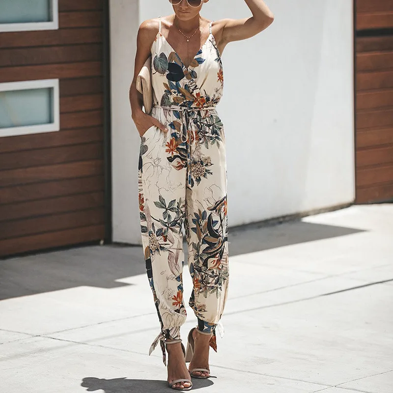 yashangyi V Neck Sexy Strap Playsuits Women Body Femme Macacao Feminino Playsuit Overalls Print Summer Bandage Rompers With Belt