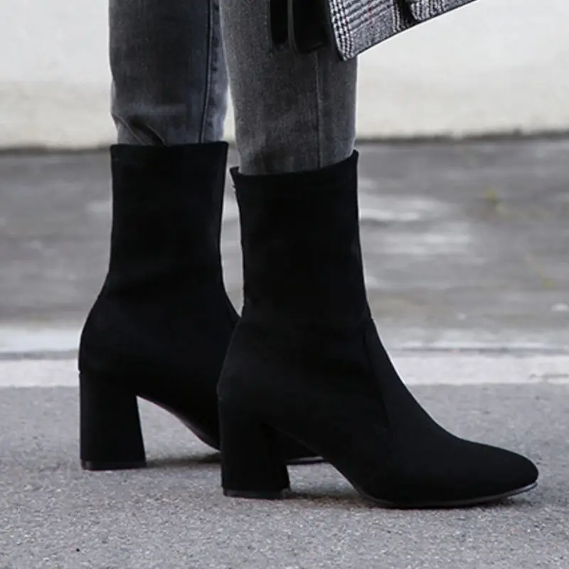 Taoffen/ г.; женские повседневные Черные растягивающиеся сапоги; заостренные Квадратные каблуки; Повседневная Удобная обувь до середины икры; женская обувь; размеры 34-39