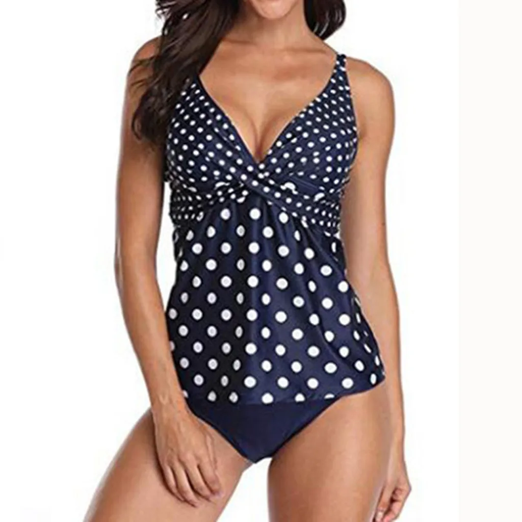 

2019 Summer Womens Plus Size Dot Two Pieces Swimwear Wave Point Bikini Set Push-Up Padded Tankini Wire Free Mid Waist 5XL badpak