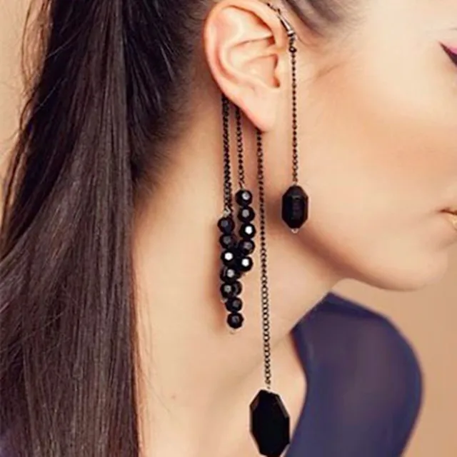 Fashion Vintage Rock Punk Exquisite Black Beads Long Tels Hanging Fashion Vintage Rock Punk Exquisite Black Beads Long Tels Hanging Ear Clip On Earrings Women