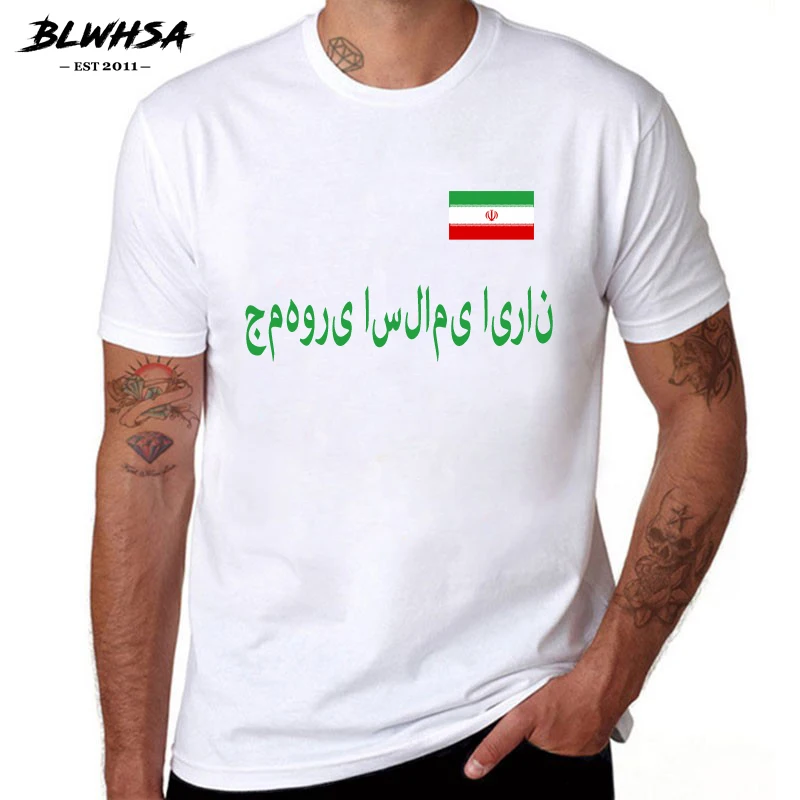 

BLWHSA Iran Flag Letters Design Men's T-shirt Cotton Short Sleeve O Neck Tee Shirt Summer Short Sleeve T shirt Male