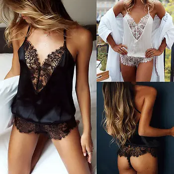 

Women Sexy Solid Color Jumpsuit Playsuit Sleepwear Short Sexy Lace Ladies Strapppy New Lace Bodysuit
