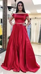 2019 Новый Красная атласная Длинные вечерние платья для выпускного вечера 2 шт линии этаж Длина с открытыми плечами индивидуальный заказ