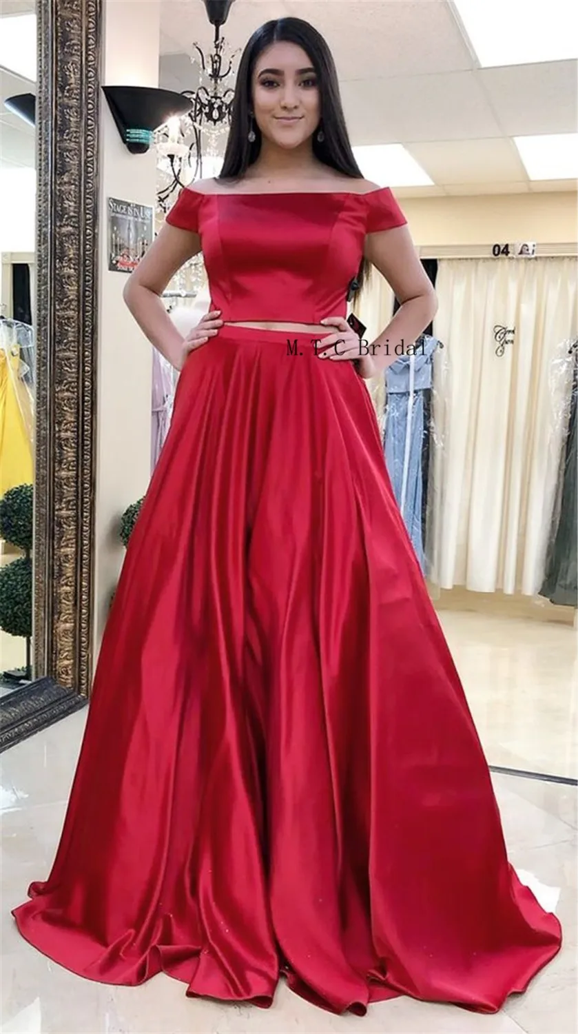 

2019 New Red Satin Long Formal Prom Dresses 2 Piece A Line Floor Length Off The Shoulder Custom Made Evening Party Gowns Cheap
