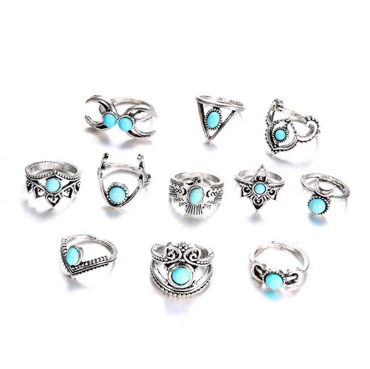

Hot 11 PCS/Set Vintage Mix Design Stone Knuckle Rings Set For Women Boho Geometric Pattern Flower Rings Party Fashion Jewelry