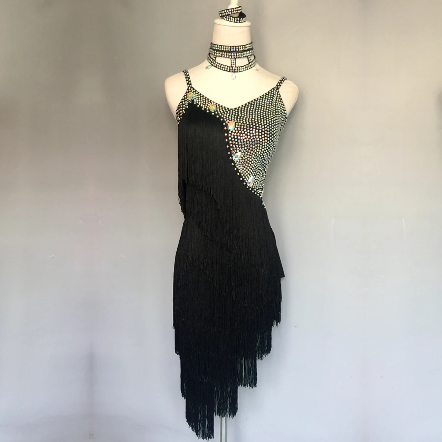 Latin Dance Dress Shiny Rhinestone Black Fringe Sexy Backless Dresses Tango Salsa Cha Cha Samba Competition Show Wear DNV11771