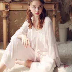 Для женщин Пижама с принцессой комплект сетка хлопок вышивка пижамы с длинными рукавами Винтаж Домашняя одежда женские пижамы Для женщин