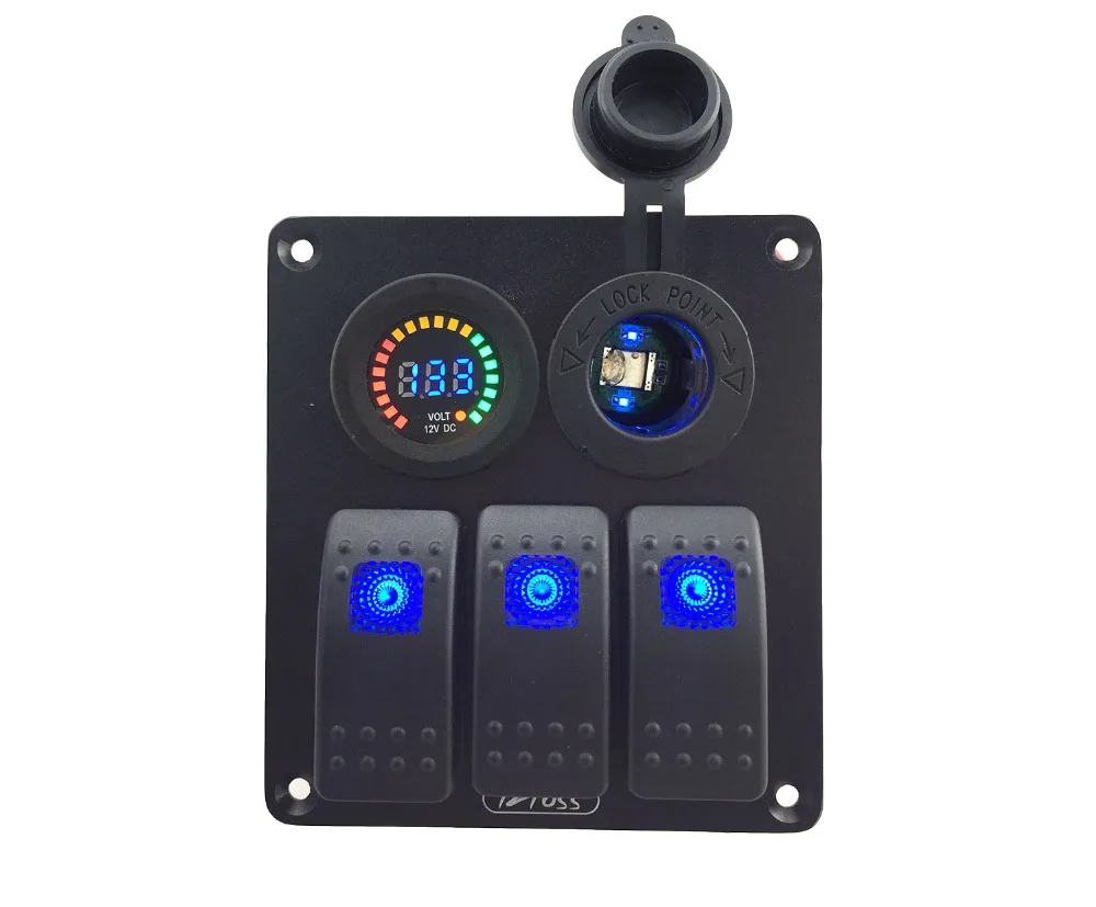 

DC 12V-24V voltmeter + Power Charger Socket 3 Gang blue LED Rocker Switch Panel Marine Boat Car RV Vehicles