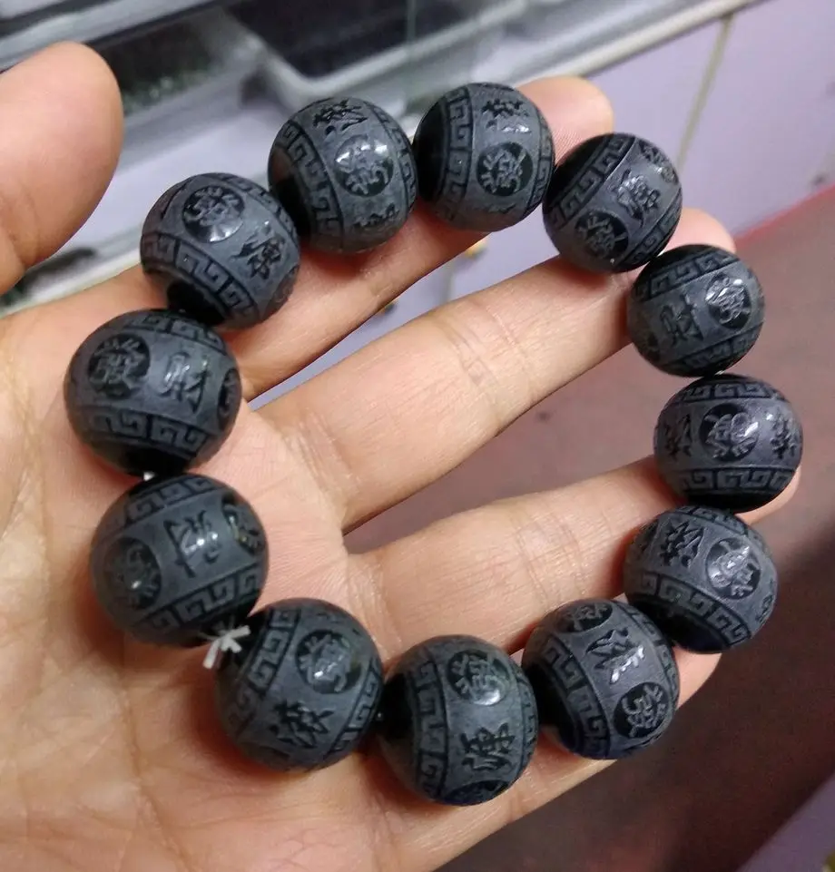 Exquisite Jade Hand Carved Dark Green jadeite Bead Bracelet bangle Amulet Chain Talisman |