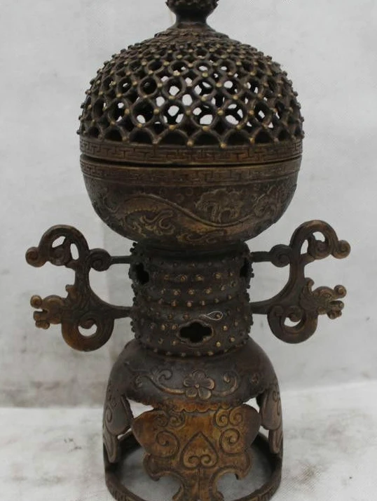 

12"Marked Chinese Dynasty Bronze Dragon Word Incense Burner Censer Statue