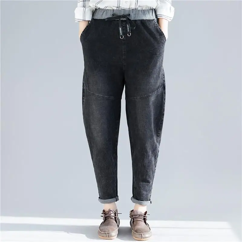 Весенние Джинсы бойфренда шаровары женские брюки повседневные плюс размер свободные повседневные винтажные джинсовые брюки джинсы с высокой талией - Цвет: Черный