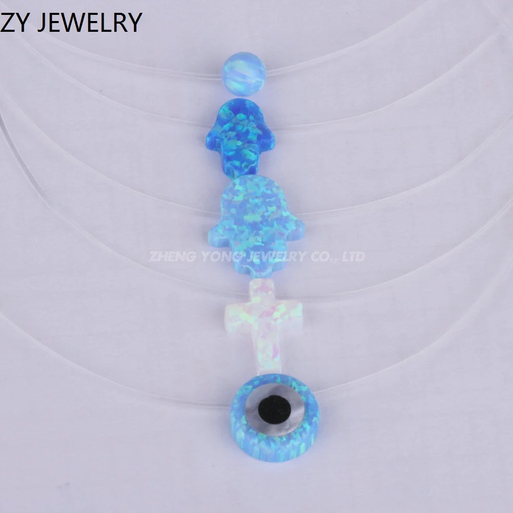 

Hot Sale Transparent Chain White Opal Hamsa Jewelry Evil eye/ Heart/ Pear/ Cross/ Elephant/Fatima Hand Opal Necklace For Women
