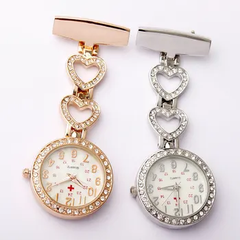 

Clip-on Fob Quartz Brooch Heart-shaped Hanging Nurse Pin Watch Luxury Crystal Men Women Full Steel Pocket Watch relogio Clock