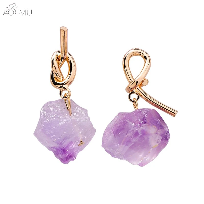 

AOMU 2019 New Design S925 Sterling Silver Pin Metal Gold Knot Irregular Stone Stud Earrings for Women Party Jewelry Gift