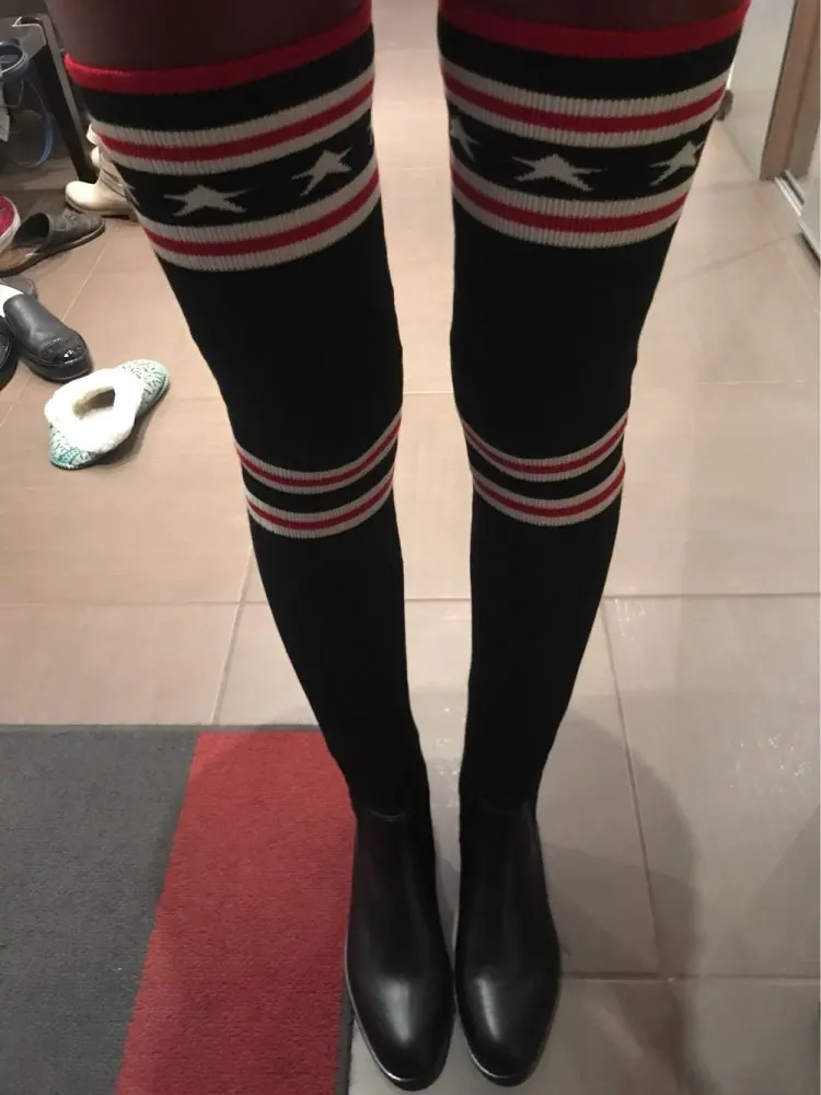 Fashion Cool Women Socks Boots Genuine Leather The Knee High Quality Stretch Fabric Elastic Flats Rubber Shoes Size 35-40