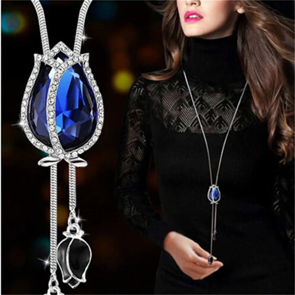

PENGBIN Tulip Crystal Necklace Simple Long Necklace Temperament Flower Pendent Necklace Autumn and Winter Sweater Chain