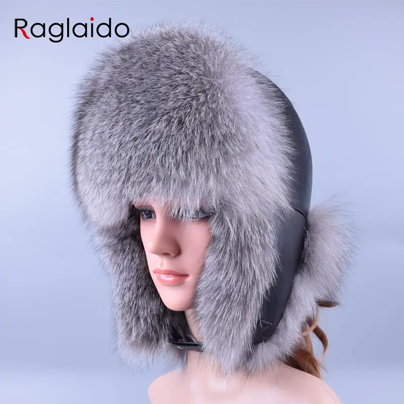 Raglaido Winter Snow Russian Fur Hat for Women and Men Bomber Hats Real