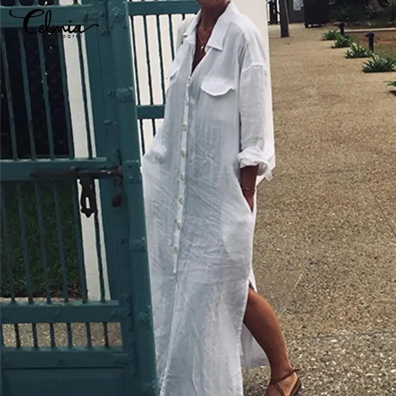 

Women Sundress 2019 Celmia Vintage Long Shirt Dress Casual Loose Buttons Down Maxi Dresses Full Sleeve Robe Split Vestidos S-5XL