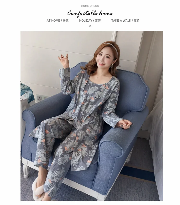 cute pajamas for women 2021 Autumn 3PCS Sexy Long Sleeve Robes Pajama Sets for Women Print Sleepwear Homewear Pijama Mujer Home Clothes Three Piece Set cute pjs