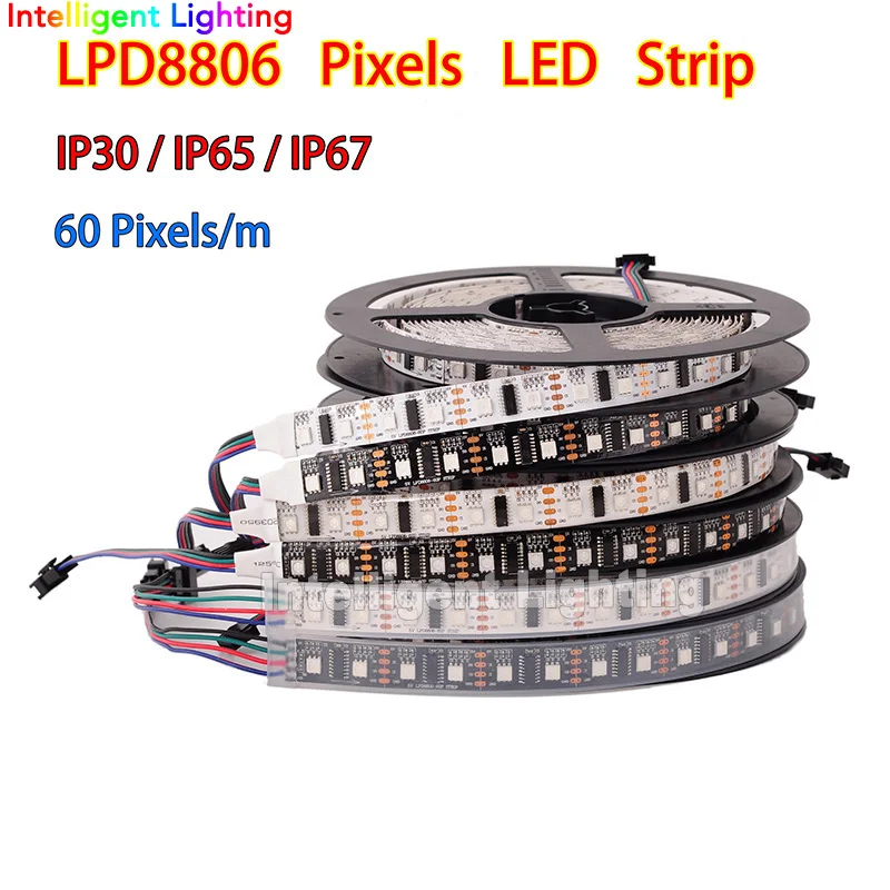 

LPD8806 led strip 1m/5m 32/48/52/60 leds/m Waterproof IP30/IP65/IP67 Black/White pcb addressable RGB smd5050 strip light