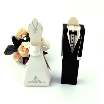 

50Pcs Candy Box Bridal Gifts Cases Groom Tuxedo Dress Gown Ribbon Wedding Favors Sugar Case Wedding Party Supplies Decoration