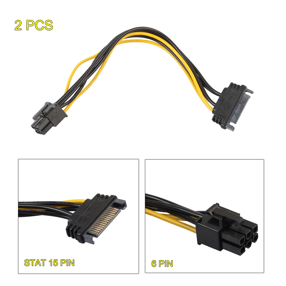 2Pcs 20cm SATA to PCI Express Adapter Cable 15pin SATA Male to 6pin PCI