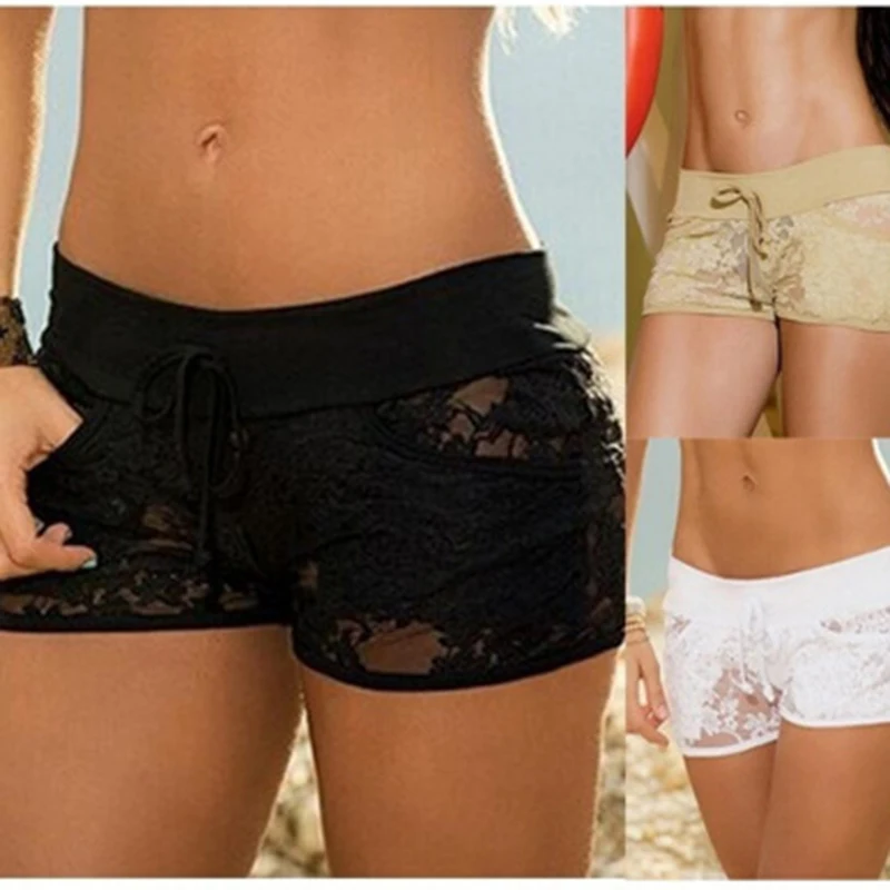  - Hot Selling Sexy Women Lace Hollow Out Shorts Summer Elastic Waist Panty Sexy Control Shorts Exotic Boyshorts Transparent