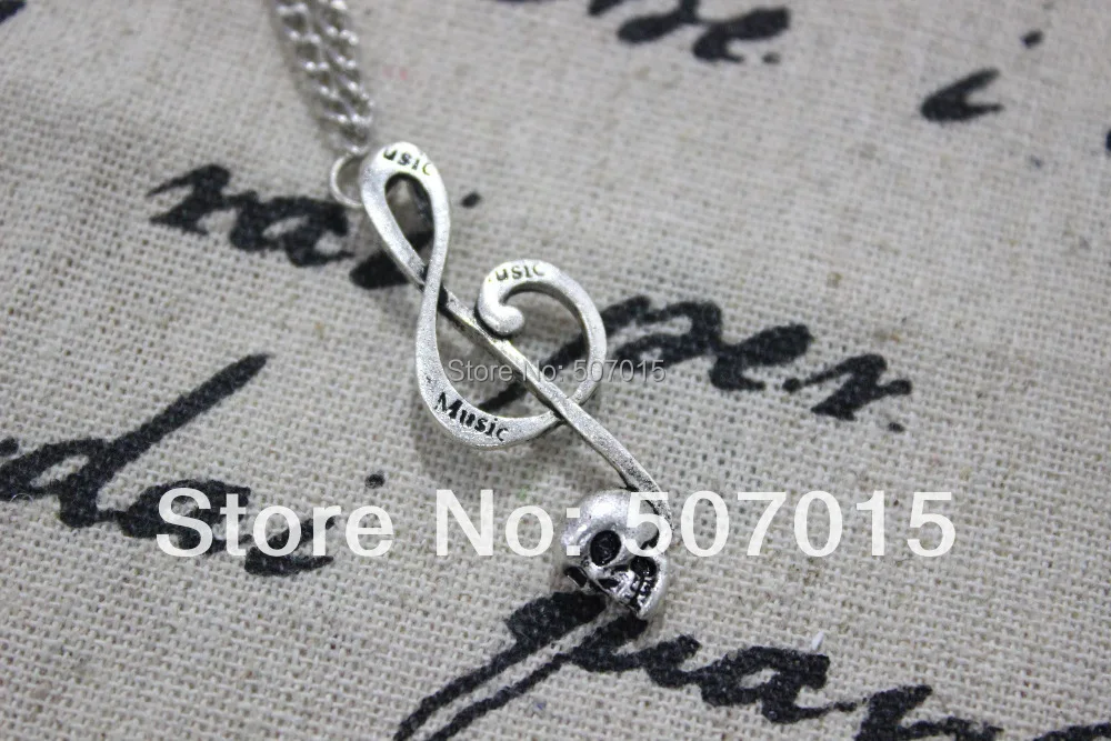 vintage silver Musical Note &amp Skull pendant charm necklace with chain | Украшения и аксессуары