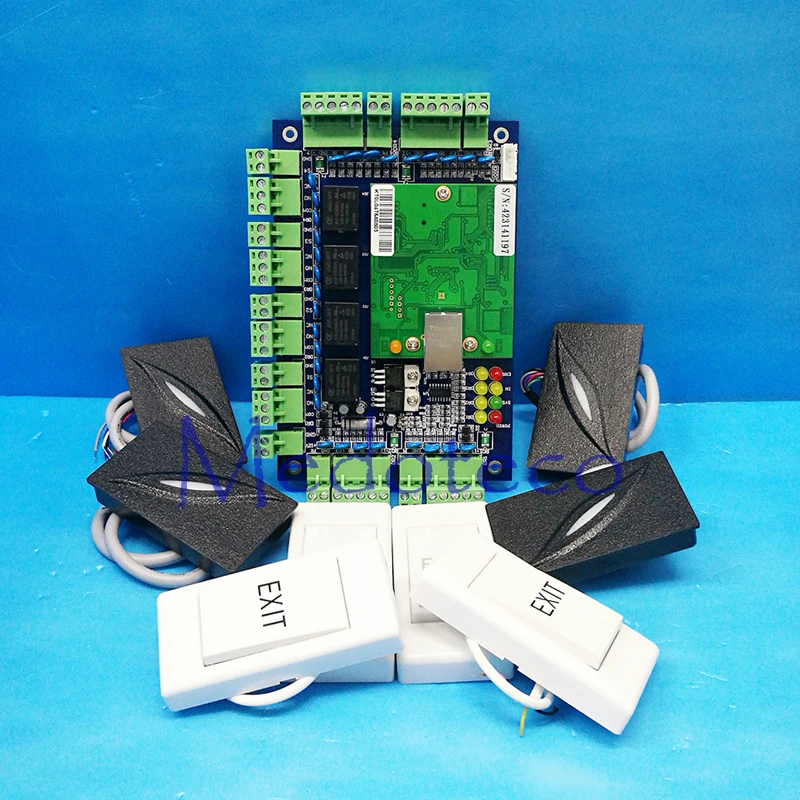 

Four-door One-Way Access Control Panel+4 PCS KR101E RFID Reader + 4 PCS exit button rfid Access Control System T04