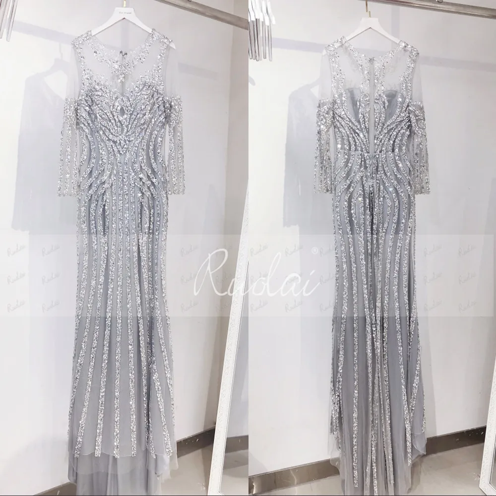 Роскошные бисерные вечерние платья с длинным рукавом совок русалка платье выпускного вечера серый/шампань халат de Soiree SQ8