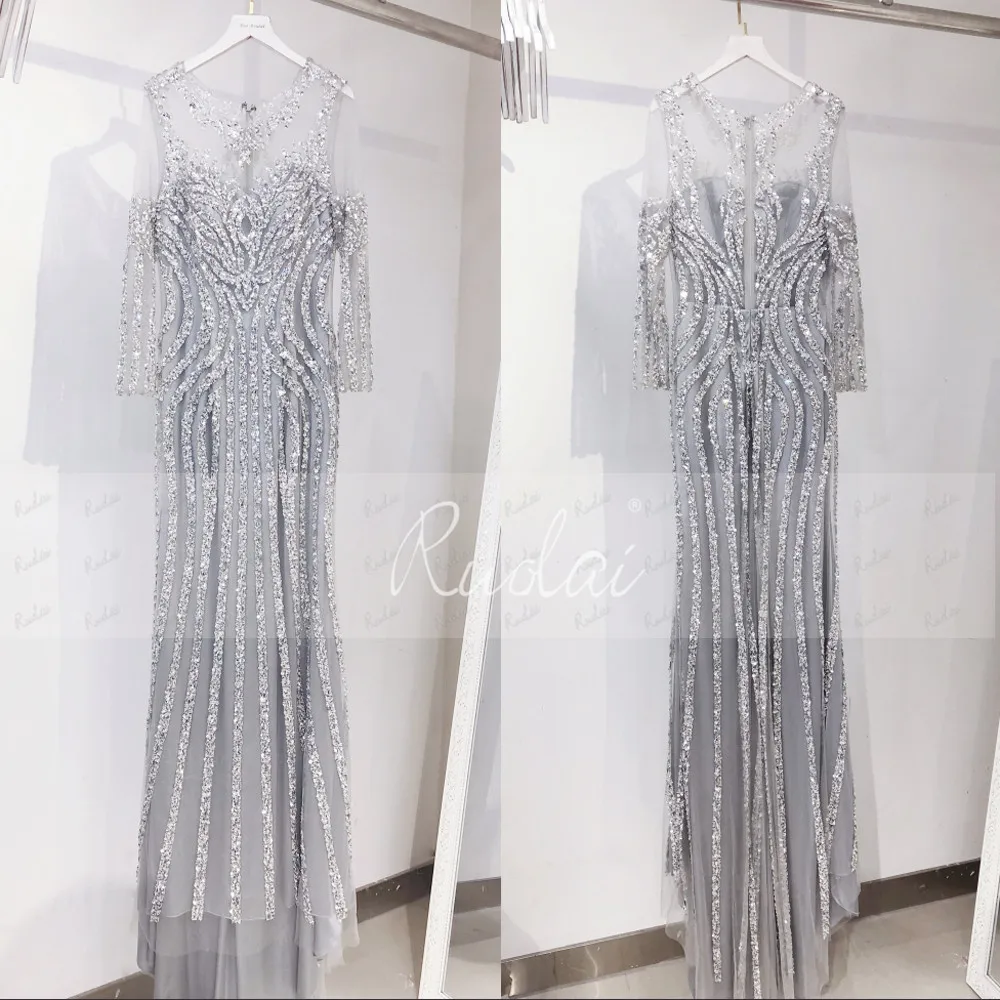 Luxury Beaded Evening Dresses Long Sleeves Scoop Mermaid Prom Dress 2019 Grey/Champagne Robe de Soiree SQ8