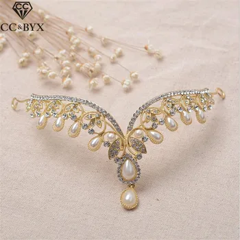 

CC bridal hair forehead headbands frontlet crystal pearl golr-color luxury wedding hair accessories for party jewelry gift ES025