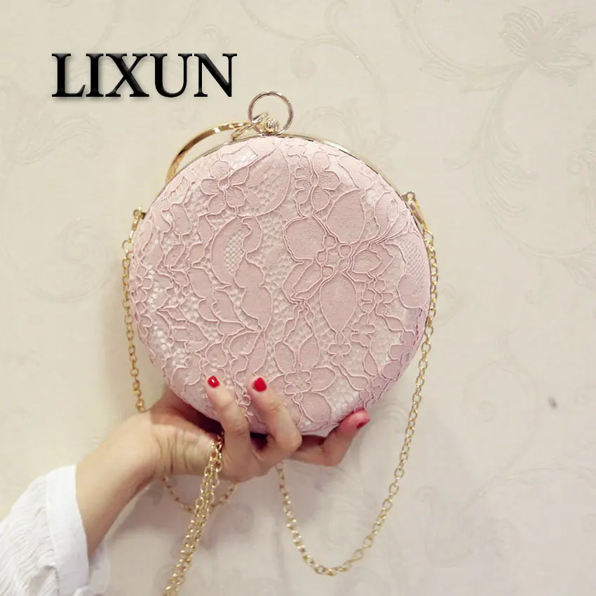 

LIXUN Lace Flower Foral Design Women PU Leather Circular Evening Clutches Bags Ring Handle Party Minaudiere Handbags Purse Bolsa