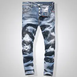 Европейский и американский стиль Модные мужские рваные джинсы известный бренд прямые молнии Тонкий Светло синие джинсы узкие брюки для