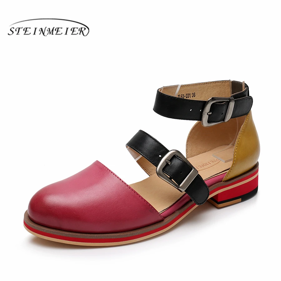 Women sandals 2019 summer yinzo ladies flat genuine leather wedges vintage platform double buckle red shoes for woman sandals