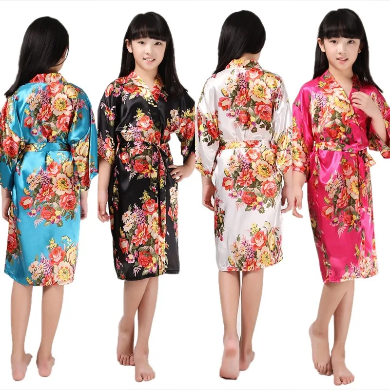 Satin Silk Kids Robe Kimono Bridal Bridesmaid Flower Girls Dress Gown Bathrobe