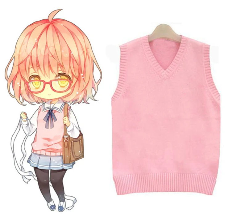

Kyokai no kanata Kuriyama Mirai Cosplay JK Uniform Sweater Knitted Sleeveless Sweater Vest Cartoon Pink COS Pullover Sweaters