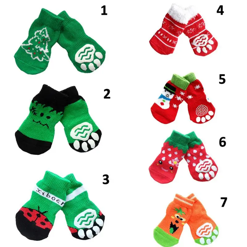 Новинка, 4 шт./компл., теплые носки для помещений, нескользящие носки для собак для домашних животных, мягкие хлопковые нескользящие вязаные носки, зеленая Рождественская елка