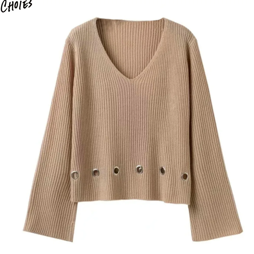 White and Khaki Eyelet Detail Cropped Knitted Jumper Women 2017 V Neck ...