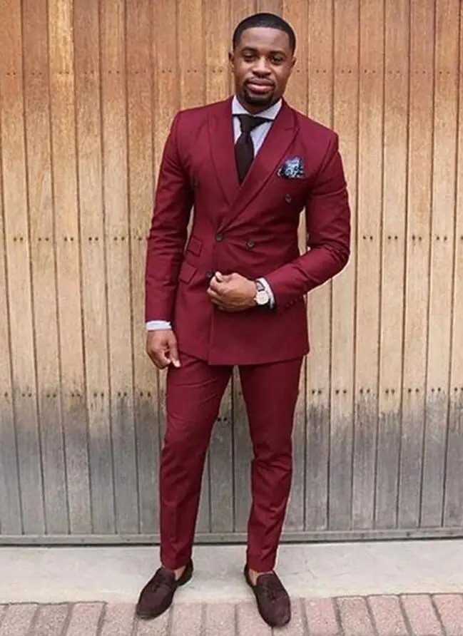 665 Burgundy Double Breasted Tuxedo Skinny Men Suit Slim Fit 2 Piece Prom Suits Custom Groom Blazer