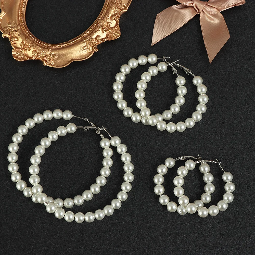 

1 Pair Elegant White Pearls Hoop Earrings Women Oversize Pearl Circle Ear Rings Earrings Fashion Jewelry