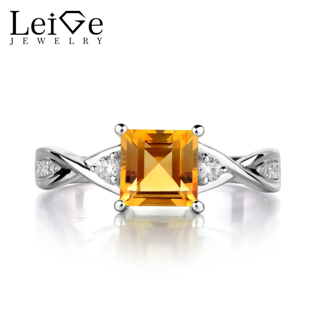 Leige Jewelry Square Cut Gemstone Natural Citrine Ring 925 Sterling