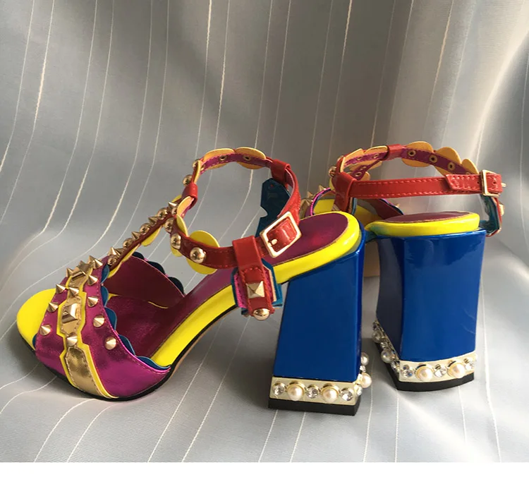 Phoentin/фиолетовые женские босоножки из натуральной кожи с t-образным ремешком; Новинка года; Модные Разноцветные Летние женские туфли на высоком каблуке с заклепками; FT457